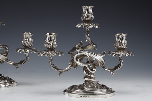 Cardeilhac - Pair of low candelabras in sterling silver 3 lights 19th  - Antique Silver Style Napoléon III