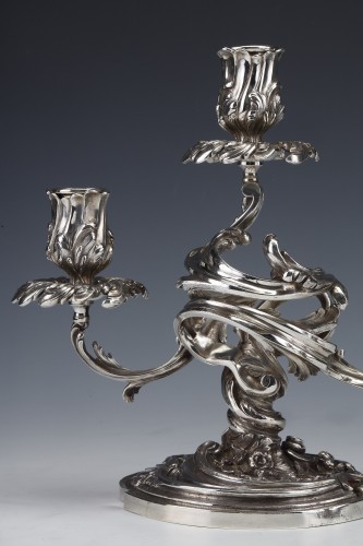19th century - Cardeilhac - Pair of low candelabras in sterling silver 3 lights 19th 