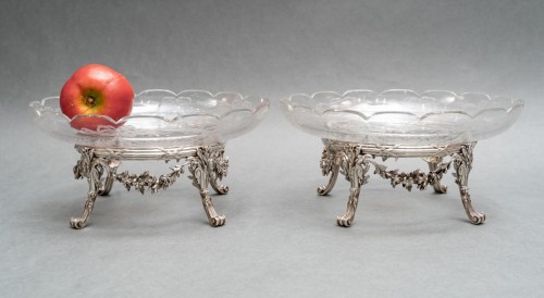 19th century - L. Lapar - Pair of cups in engraved crystal and sterling silver 19th 