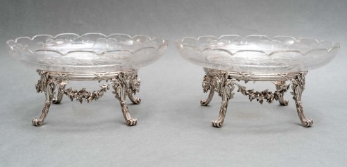 Antiquités - L. Lapar - Pair of cups in engraved crystal and sterling silver 19th 