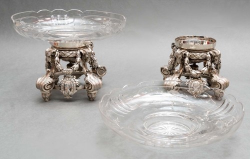 Antiquités - - Paire de coupes en cristal gravé sur support en argent massif XIXe