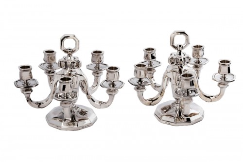 Gustave Keller - Pair of candelabras in sterling silver, Art Deco