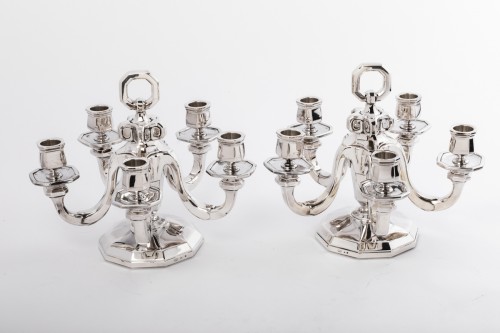 Antiquités - Gustave Keller - Pair of candelabras in sterling silver, Art Deco