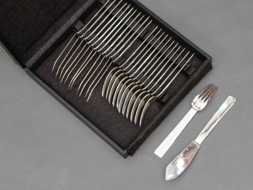 Antique Silver  - Lapparra - Box of 12 silver fish cutlery Art déco period