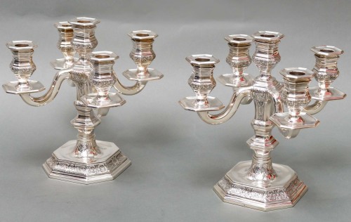  TETARD Frères - Pair of low candelabras in solid silver circa 1930 - Art Déco