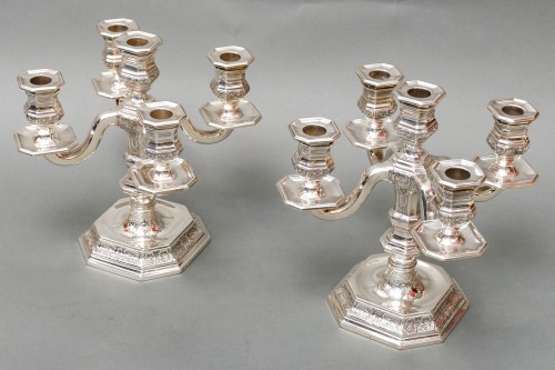 Art Déco - TETARD Frères - Paire de candélabres bas en argent massif circa 1930