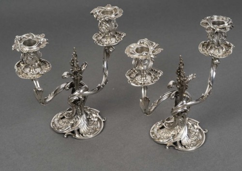 François-Alphonse Debain -Paire de bouts de table à deux bras de lumière argent massif XIXe - Argenterie et Arts de la table Style Napoléon III