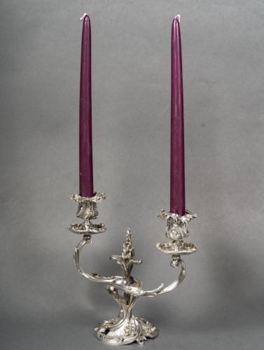 Antiquités - François-Alphonse Debain -Paire de bouts de table à deux bras de lumière argent massif XIXe