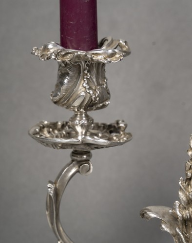 Antiquités - François-Alphonse Debain -Paire de bouts de table à deux bras de lumière argent massif XIXe