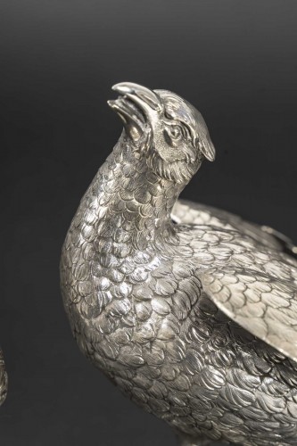 Antiquités - eschwege – Pair of Solid Silver Pheasants, 20th Century