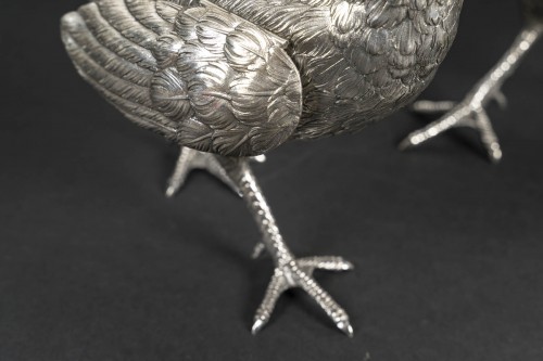 Antiquités - eschwege – Pair of Solid Silver Pheasants, 20th Century