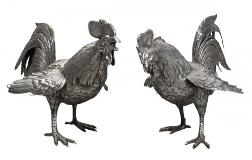 Eschwege - Pair of solid silver fighting roosters, circa 1950