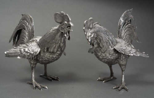 Eschwege - Pair of solid silver fighting roosters, circa 1950 - silverware & tableware Style 50