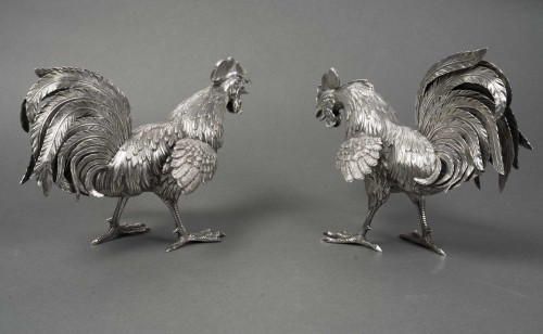 Eschwege - Pair of solid silver fighting roosters, circa 1950 - 