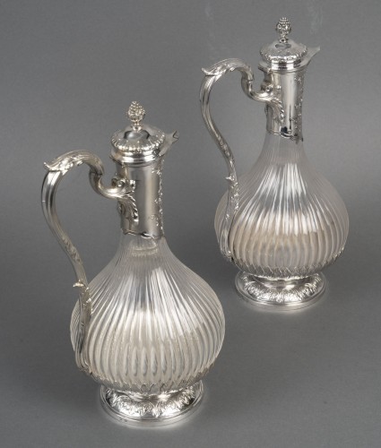 Antiquités - Boin Taburet -Paire d’aiguières en argent massif et cristal taillé époque1880–1900