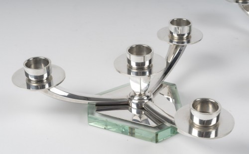 Wolfers – Pair of Art Deco Low Solid Silver Candelabra - silverware & tableware Style Art Déco