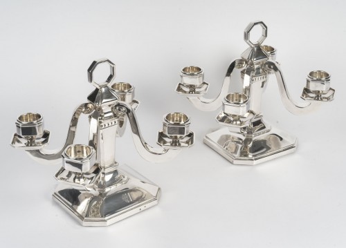 20th century - Pair of Art Deco solid silver candelabra by Leroy, circa 1930