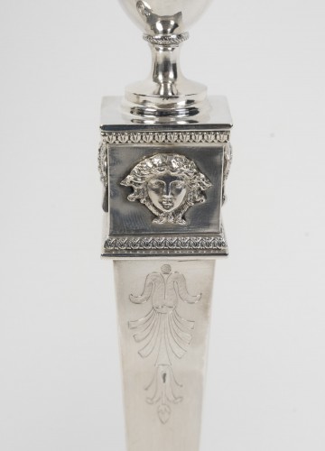 19th century - JFJ Beydel - Pair of Silver Candlesticks, First Empire, 2nd Rooster 1809/18