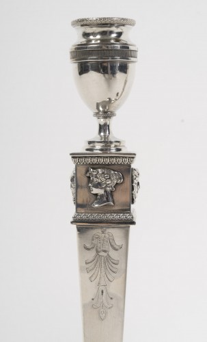 Antiquités - JFJ Beydel - Pair of Silver Candlesticks, First Empire, 2nd Rooster 1809/18
