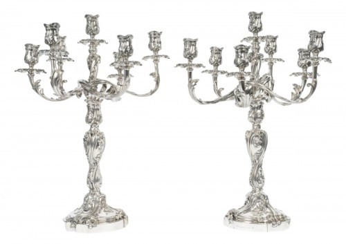 GUSTAVE ODIOT - Paire de candélabres à sept bras de lumière argent massif NAP III