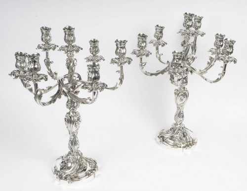 XIXe siècle - GUSTAVE ODIOT - Paire de candélabres à sept bras de lumière argent massif NAP III