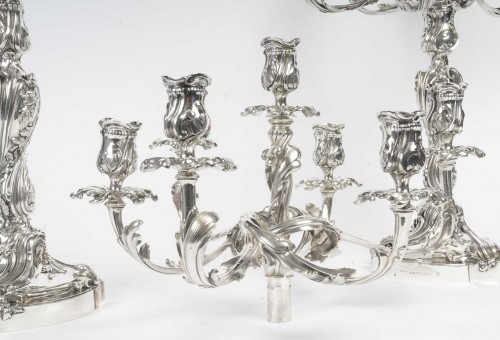 Antiquités - GUSTAVE ODIOT - Paire de candélabres à sept bras de lumière argent massif NAP III
