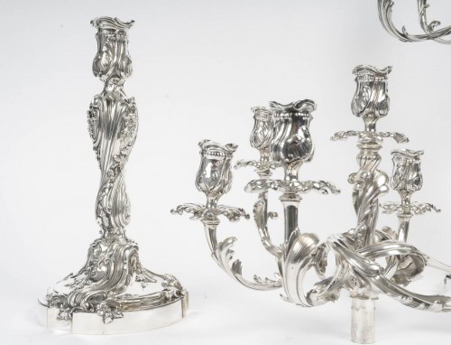 Antiquités - GUSTAVE ODIOT - Paire de candélabres à sept bras de lumière argent massif NAP III