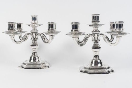 Christofle – Paire de candélabres argent massif à  cinq bougies vers 1940 - Art Déco