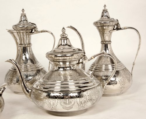 Antiquités - Duponchel - Service thé café en argent massif style Ottoman XIXe