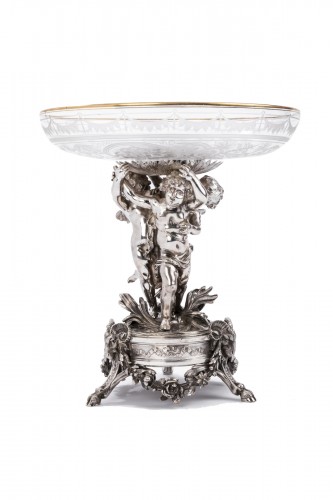 Orfèvre CARDEILHAC - Centre de table en argent massif coupe en cristal gravé XIXe