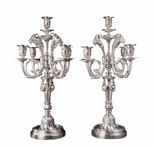 Paire de candélabres en bronze argenté à 5 lumières XIXe siècle