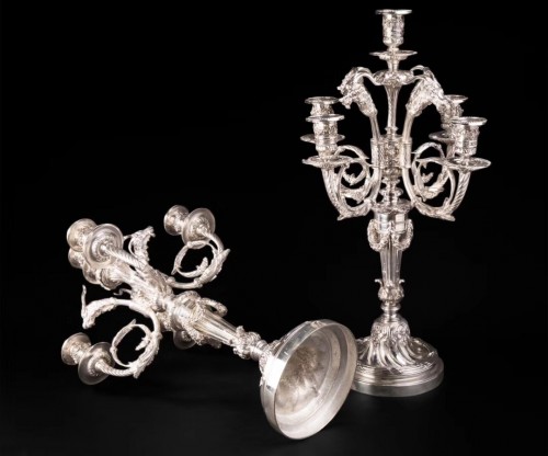 19th century -  Pair of candelabra in silvered bronze with 5 lights XIXth century