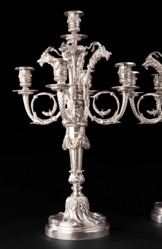 Napoléon III - Paire de candélabres en bronze argenté à 5 lumières XIXe siècle
