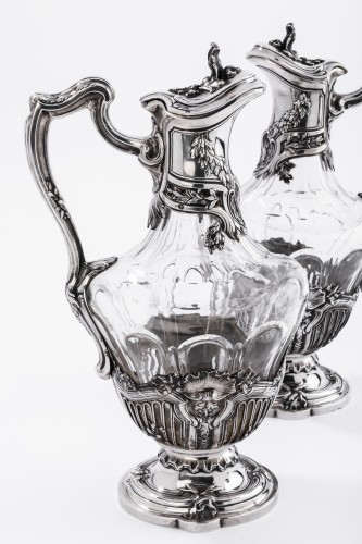 Debain - Paire d'aiguières en cristal et argent massif fin 19è - Argenterie et Orfèvrerie Style Art nouveau
