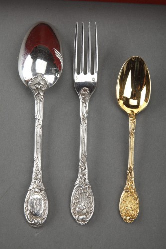 Antique Silver  -  Odiot - 236 solid silver cutlery &quot;MEISSONNIER&quot; set oak chest