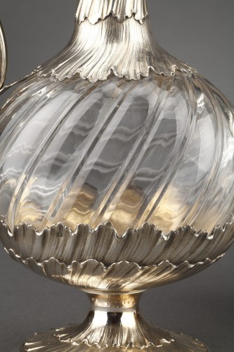 Antiquités - Odiot - Paire d'aiguières oblongues cristal et vermeil XIXè siècle
