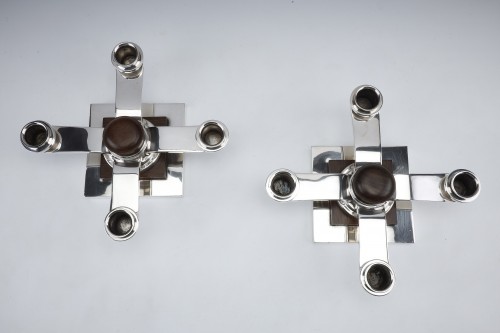 20th century - Fouquet-Lapar - Pair of  candelabras in silver and rosewood circa 1930