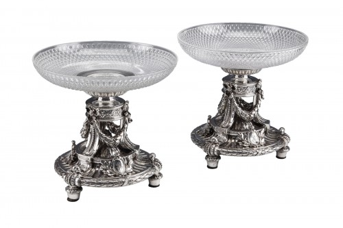 Odiot - Pair of solid silver bowls with 19th century crystal bowls