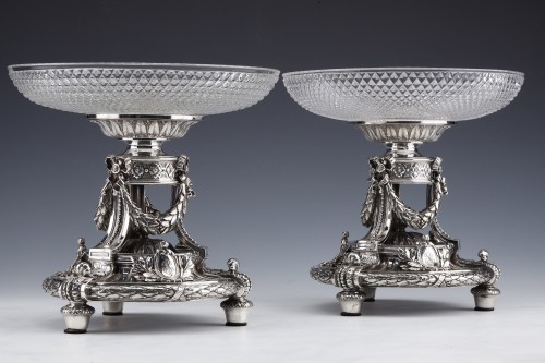 Antiquités - Odiot - Pair of solid silver bowls with 19th century crystal bowls