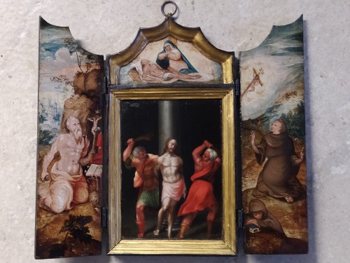 La Flagellation du Christ, entouré de Saint Jérôme et Saint François d’Assise - Tableaux et dessins Style 