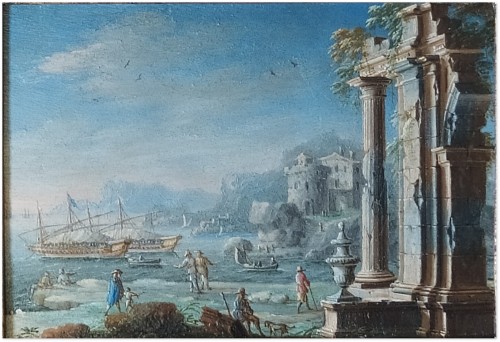 Paintings & Drawings  - Ancient ruins on coasts animated by characters (Pair) - Attributed to Gennaro Greco (1663–1714)