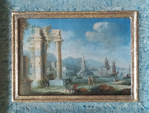17th century - Ancient ruins on coasts animated by characters (Pair) - Attributed to Gennaro Greco (1663–1714)