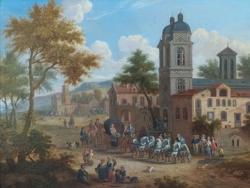 Peeter Bout et Adriaen Frans Boudewyns - Halte d’un attelage près d’une église - Tableaux et dessins Style 