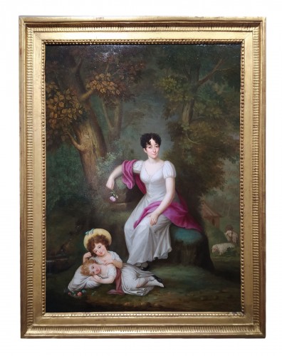 Portrait of a woman and her two children - French School of the 19th century