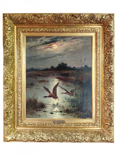 Joseph Augustin Chiffonny (1857-1923) - Flying Ducks in a Marsh at Sunset