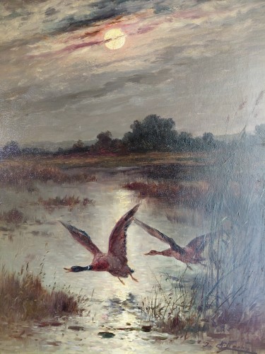 Joseph Augustin Chiffonny (1857-1923) - Flying Ducks in a Marsh at Sunset - Paintings & Drawings Style 