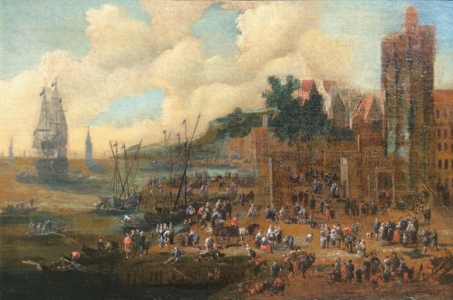 Market scene on a port - Attributed to Peter Casteels 1 - Paintings & Drawings Style 