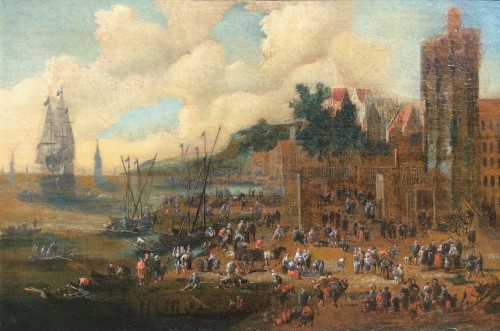 Scène de marché sur un port. - Attribué à Peter Casteels I  - Tableaux et dessins Style 