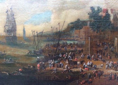 XVIIe siècle - Scène de marché sur un port. - Attribué à Peter Casteels I 