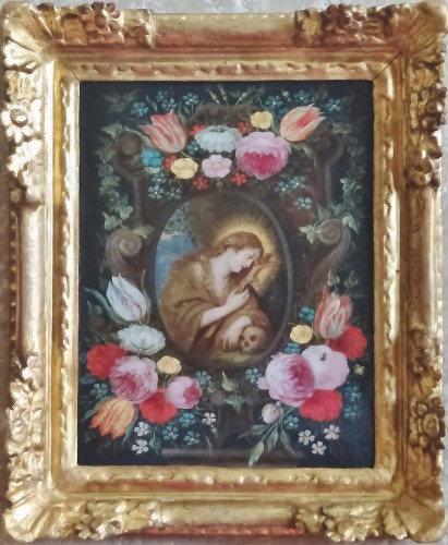 Guirlande de Fleurs entourant Marie-Madeleine - Ecole Anversoise du XVIIe siècle - Tableaux et dessins Style 